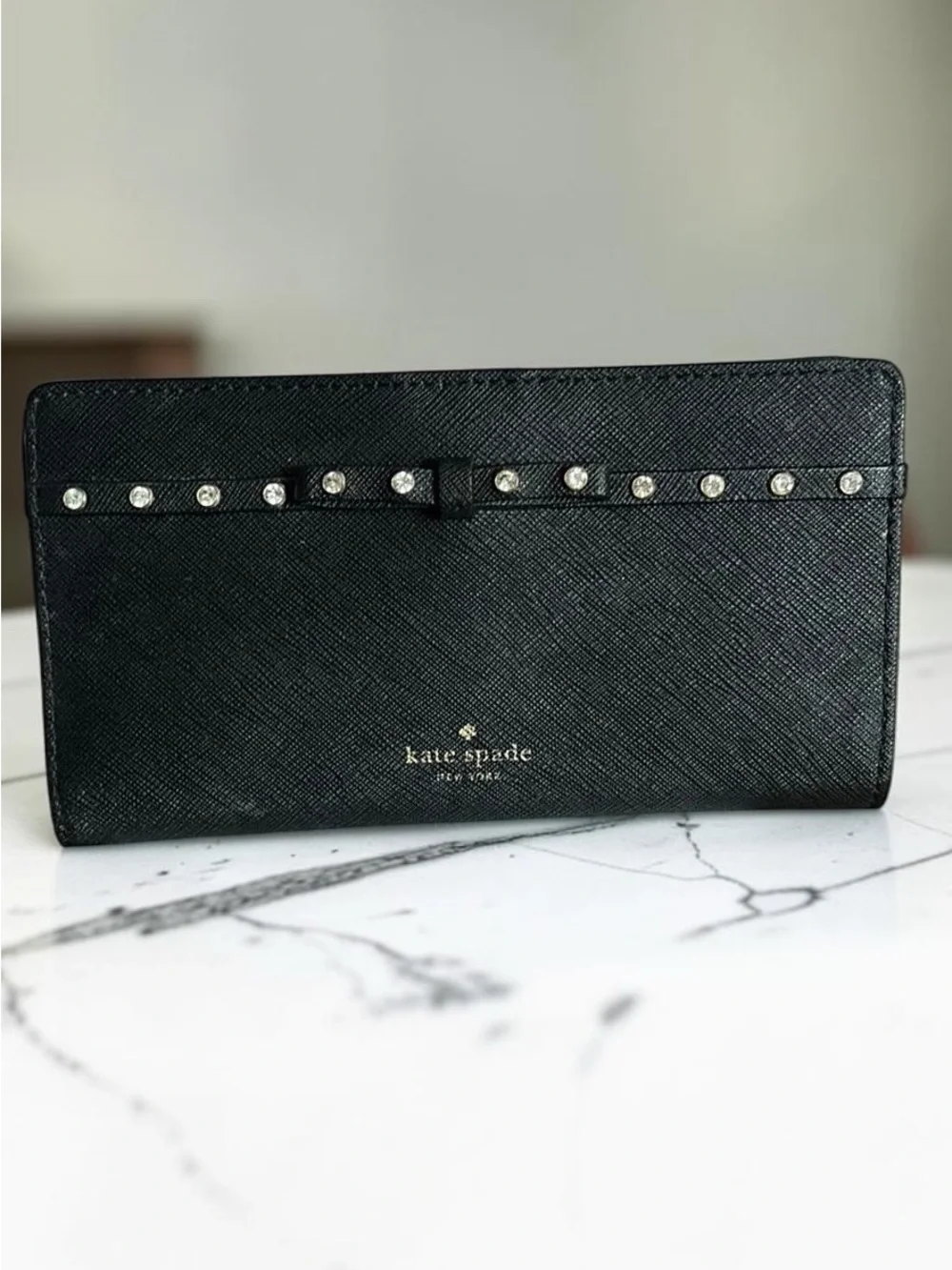 kate spade Black Saffiano Leather wallet with gem -Stud Bow Trim